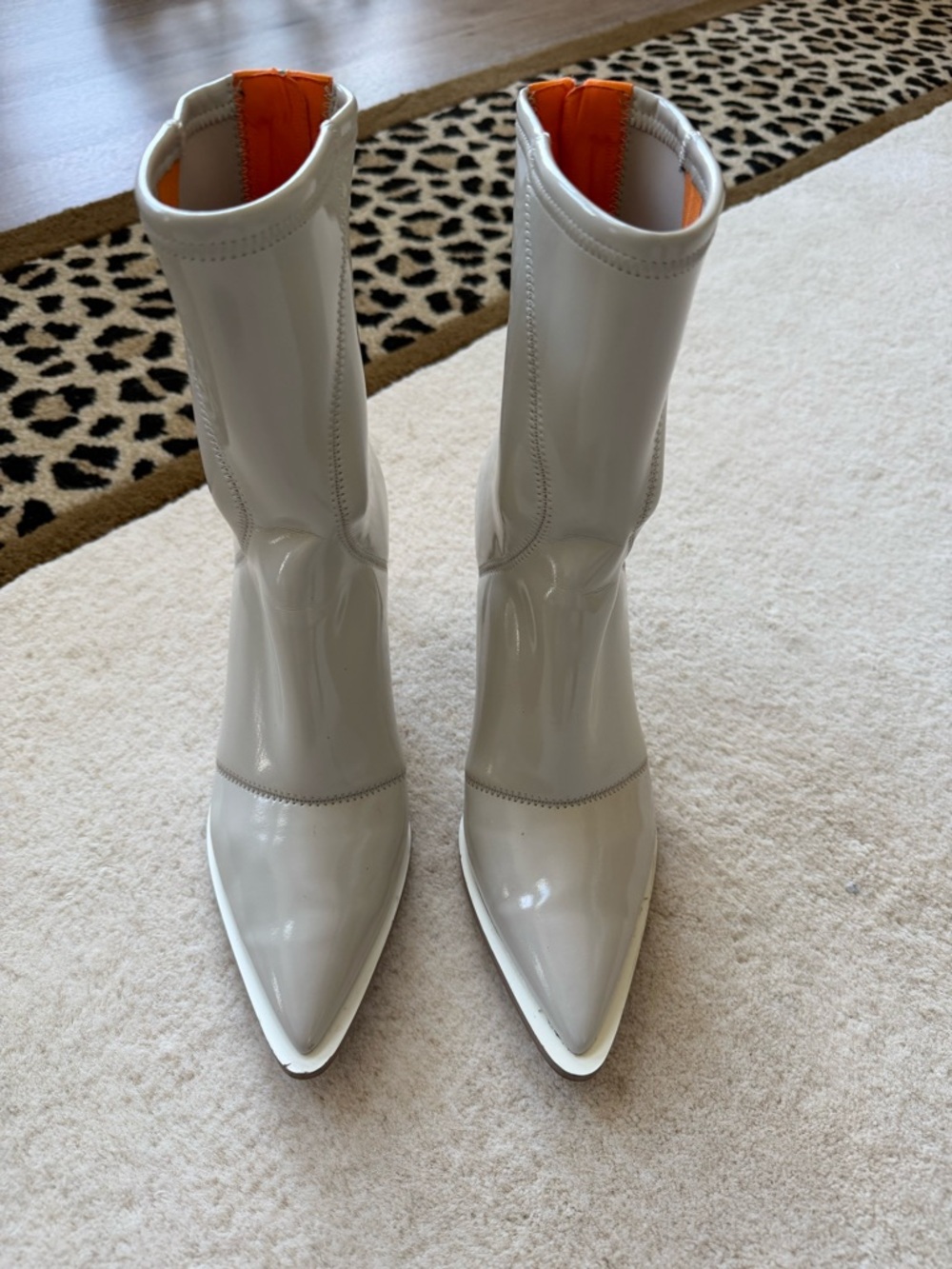 Fendi Glossy Light Gray Pointed-Toe Mid-Calf Boots with Orange Pull Tabs - Picture 4 of 6